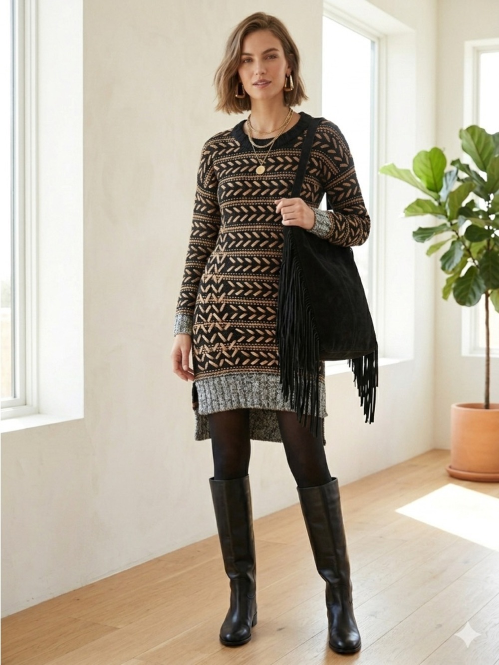 Rag & Bone Runway Black & Gold Lurex Chevron Wool Sweater Dress - XS